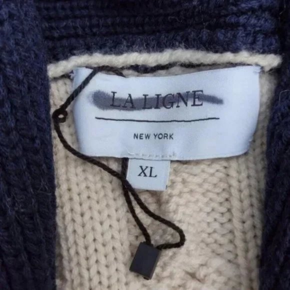 La Ligne XL Merino Wool Cable Knit Cardigan Shawl Collar Navy Cream NWOT - Picture 3 of 10